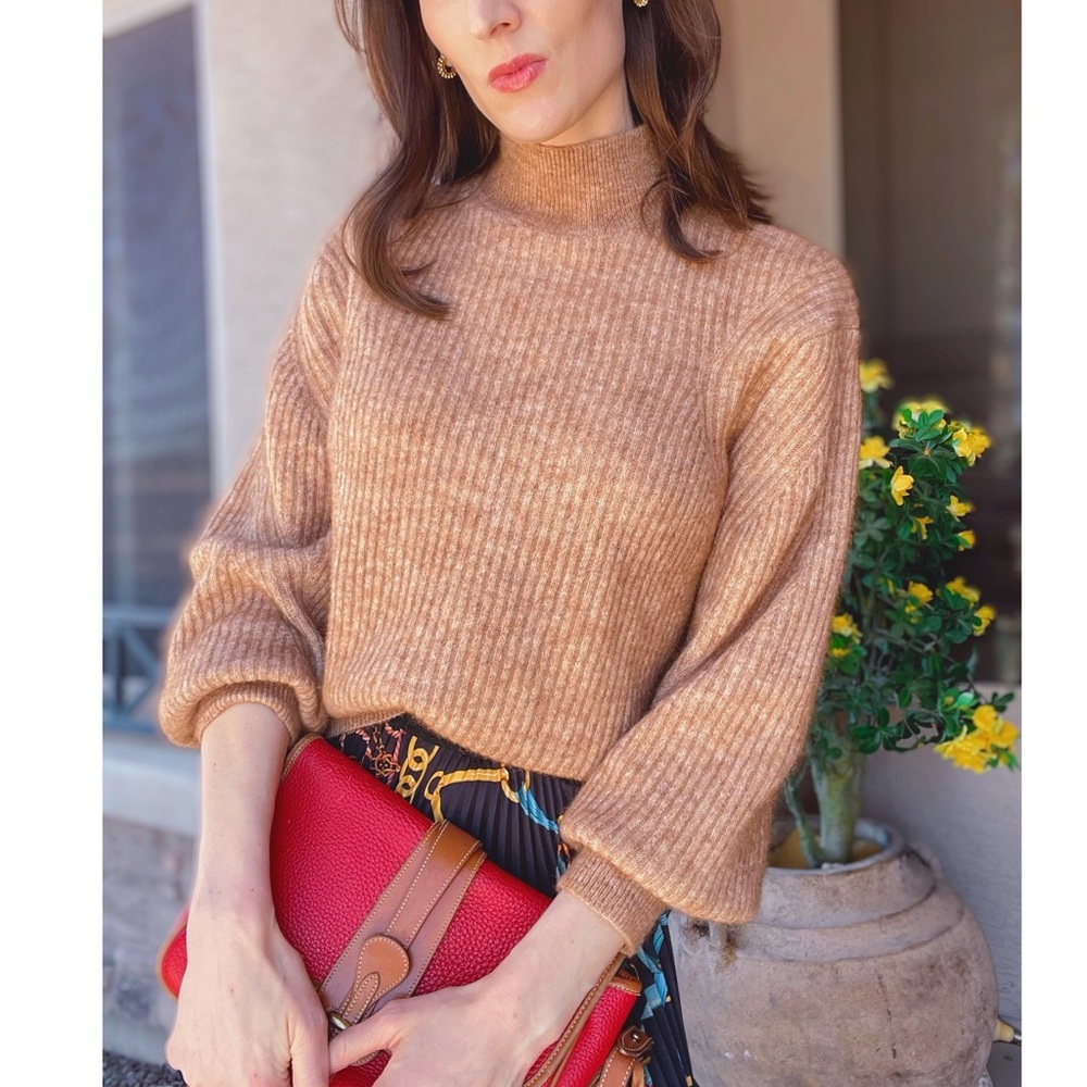 & OTHER STORIES Neutral Camel Tan Wool Mohair Ribbed Knot Mock Neck Sweater XS